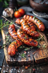 Poster - Freshly cut meat on a rustic wooden board. Perfect for food blogs or cooking websites
