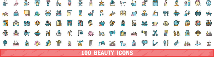 Canvas Print - 100 beauty icons set. Color line set of beauty vector icons thin line color flat on white