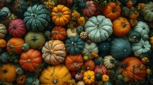   A Heap Of Pumpkins And Gourds Atop An Array Of Green And Orange Pumpkins