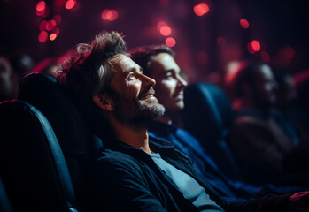 Wall Mural - Smiling man sitting in movie theater and watching film.