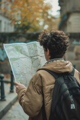Poster - Person with backpack studying map, suitable for travel concepts