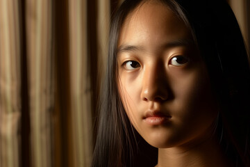 Wall Mural - Portrait of an Asian girl with long straight hair, looking at the camera, illuminated by soft light and shadow, with brown wooden walls in the background