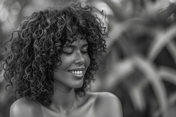 Wall Mural - Black and white portrait of a beautiful black woman with curly hair smiling in the garden, eyes closed