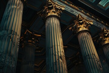 Poster - Close up view of a building with columns and a clock, suitable for architectural designs and time management concepts