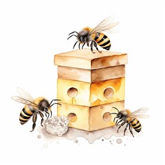 Wall Mural - Watercolour Animal Clipart Cute Baby bee is flying over the honey on white background