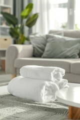 Poster - Neatly arranged white towels on a table, suitable for spa or hotel concept