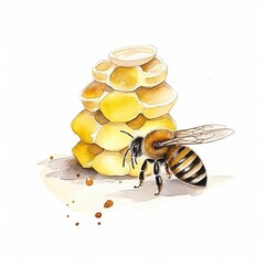 Wall Mural - Watercolour Animal Clipart Cute Baby bee is flying over the honey on white background