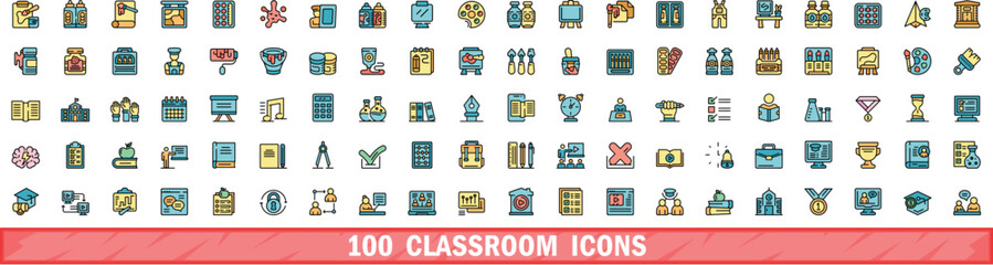 Poster - 100 classroom icons set. Color line set of classroom vector icons thin line color flat on white