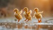 three yellow small ducklings jumping in the water. 