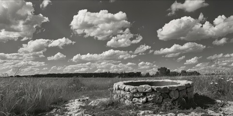 Sticker - Stone well in a field with clouds in the background. Suitable for rural and agricultural themes