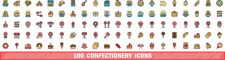 Poster - 100 confectionery icons set. Color line set of confectionery vector icons thin line color flat on white