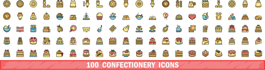 Wall Mural - 100 confectionery icons set. Color line set of confectionery vector icons thin line color flat on white