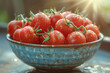 A cluster of plump cherry tomatoes sits in a ceramic bowl, bursting with juicy flavor. Concept of garden-fresh ingredients and culinary delight. Generative Ai.