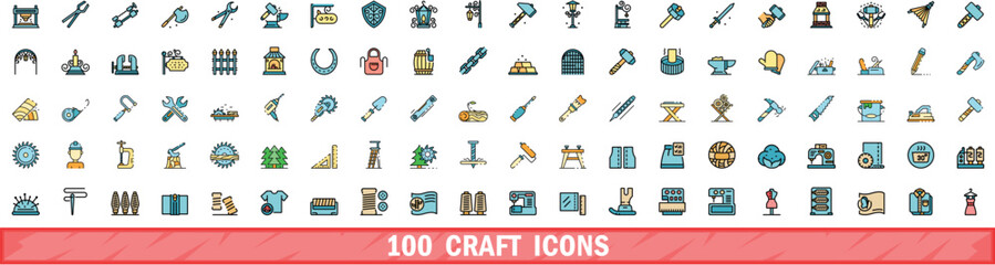 Poster - 100 craft icons set. Color line set of craft vector icons thin line color flat on white