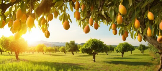 Canvas Print - The luscious mango tree is adorned with ripe fruits dangling from its sturdy branches, showcasing a bountiful harvest and vibrant colors