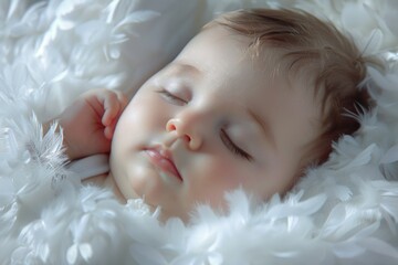 Aufkleber - A peaceful image of a baby sleeping on a fluffy white blanket. Suitable for various baby-related designs