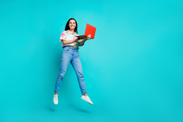 Canvas Print - Photo of lovely cheerful successful crazy woman wear stylish print shirt buy netbook device isolated on cyan color background