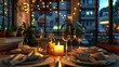 A cozy restaurant setting with a well-set table, glowing candle, wine glasses, and festive lights, offering a warm, inviting atmosphere for an intimate evening.