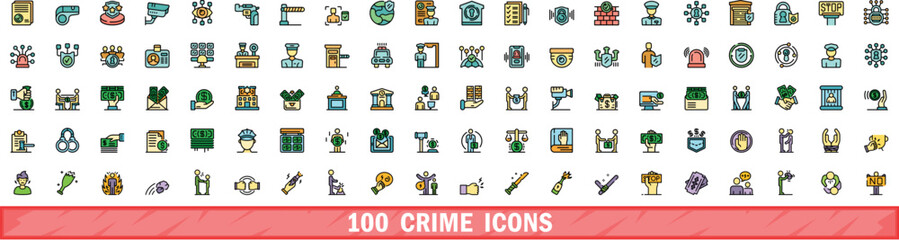 Wall Mural - 100 crime icons set. Color line set of crime vector icons thin line color flat on white