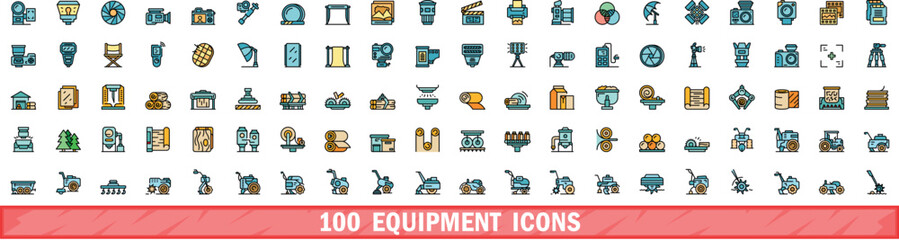 Poster - 100 equipment icons set. Color line set of equipment vector icons thin line color flat on white