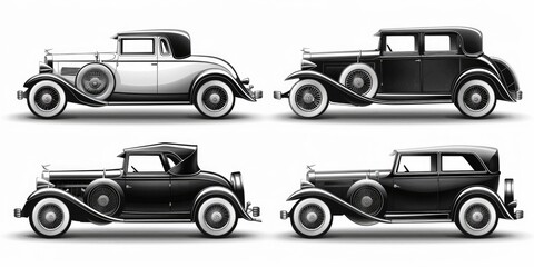Poster - A set of four vintage cars in black and white. Perfect for automotive designs