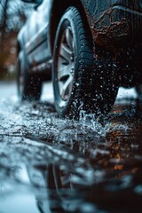 Wall Mural - A car driving through a puddle of water, suitable for transportation themes