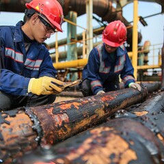 Poster - Two men in hard hats working on pipes. Suitable for construction and engineering concepts