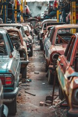 Naklejka na meble A group of vintage cars parked in a lot. Suitable for automotive industry promotions