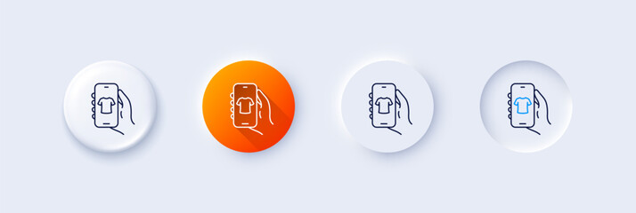 Wall Mural - Shop app line icon. Neumorphic, Orange gradient, 3d pin buttons. Hand hold phone sign. Cellphone with screen notification symbol. Line icons. Neumorphic buttons with outline signs. Vector