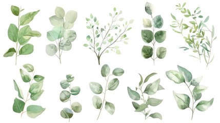 Poster - A collection of watercolor green leaves and branches. Perfect for nature-themed designs