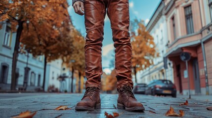 Poster - Person standing on sidewalk with a pair of brown boots. Suitable for fashion and urban lifestyle concepts