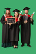 © Pixel-Shot - Graduate students holding diplomas and chalkboard with text GOODBYE UNIVERSITY on green background