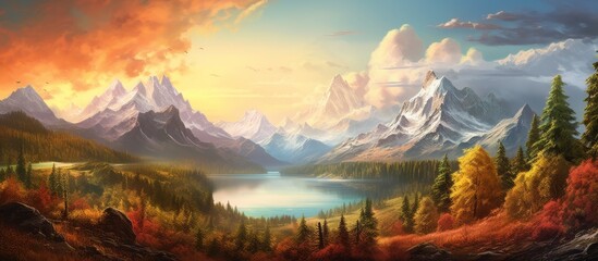 Poster - A serene mountain lake surrounded by lush green trees and majestic mountains in the background, creating a tranquil scene