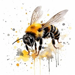 Wall Mural - Watercolour Animal Clipart Cute Baby bumblebee flaying on white background 