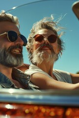 Poster - A man and a woman sitting together in a car. Ideal for automotive and relationship concepts