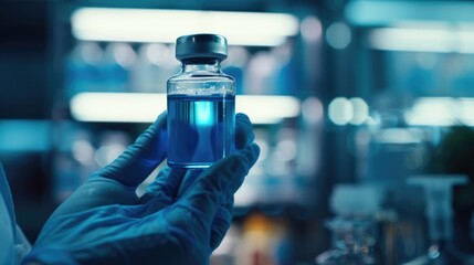Poster - A person holding a bottle of liquid in a laboratory. Ideal for science and research concepts