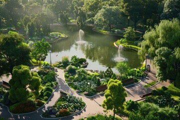 Aufkleber - Serene park setting with pond and fountain. Ideal for nature and relaxation concepts
