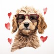 Watercolour Animal Clipart Cute Baby dog Closeup with bow and glasses white background 