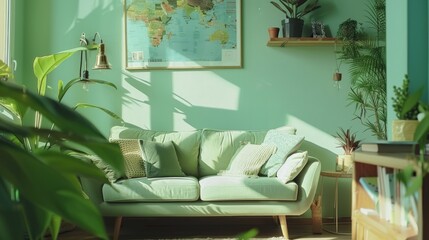 Poster - A cozy living room with a green couch and a map on the wall. Suitable for interior design projects
