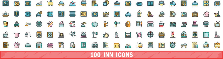 Poster - 100 inn icons set. color line set of inn vector icons thin line color flat on white