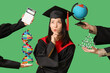 Thoughtful Asian female graduate student choosing subjects on green background