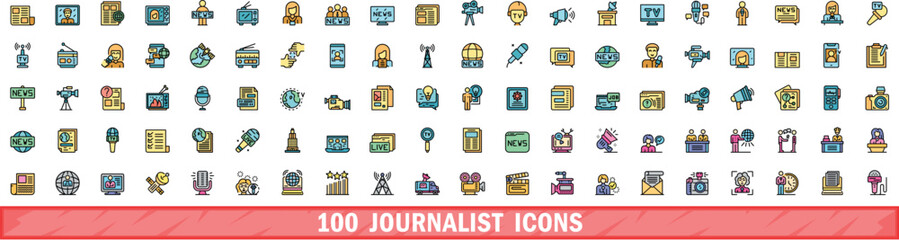 Poster - 100 journalist icons set. Color line set of journalist vector icons thin line color flat on white