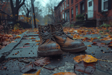 Sticker - A pair of abandoned shoes lying on the sidewalk, suggesting a sudden departure or loss. Concept of abandonment. Generative Ai.