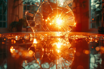 Wall Mural - a cracked mirror with shards scattered on the floor, indicating a moment of sudden impact or breakag