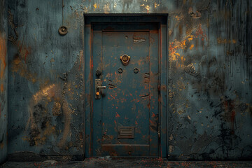 Poster - a locked door with signs of forced entry, indicating a break-in or attempted burglary. concept of a 