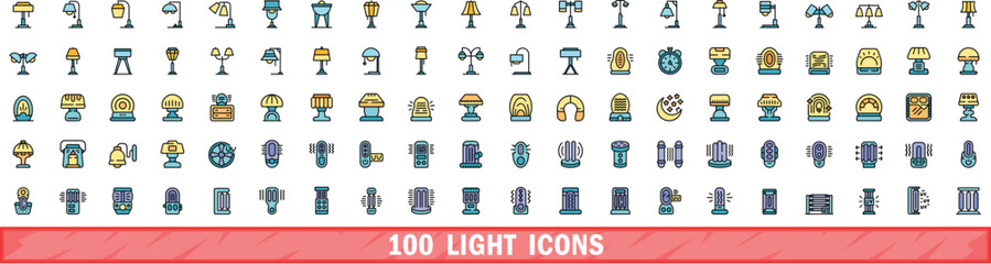 Poster - 100 light icons set. Color line set of light vector icons thin line color flat on white