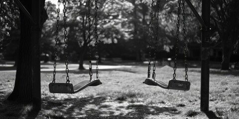 Poster - Black and white photo of two swings in a park. Suitable for outdoor recreation concept