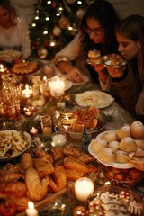 Poster - A group of people standing around a table filled with delicious food, perfect for social gatherings