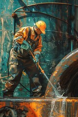 Poster - A man in a hard hat and overalls cleaning a pipe with a hose. Suitable for industrial and maintenance concepts