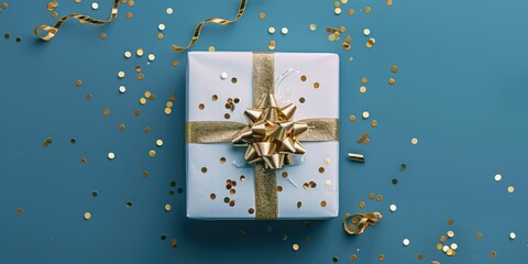 Poster - A beautiful white gift box adorned with a luxurious gold ribbon and bow. Perfect for any special occasion